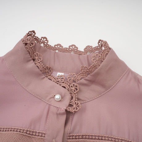 Samantha Midi Dress Pink Lace Cutout Puff Sleeve Belted Tiered Skirt Button Fastening