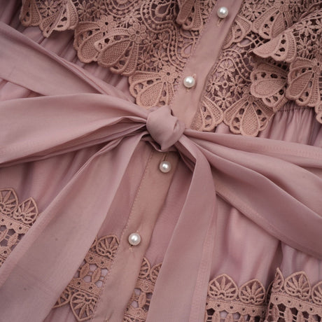 Samantha Midi Dress Pink Lace Cutout Puff Sleeve Belted Tiered Skirt Button Fastening