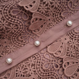 Samantha Midi Dress Pink Lace Cutout Puff Sleeve Belted Tiered Skirt Button Fastening