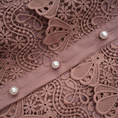 Samantha Midi Dress Pink Lace Cutout Puff Sleeve Belted Tiered Skirt Button Fastening