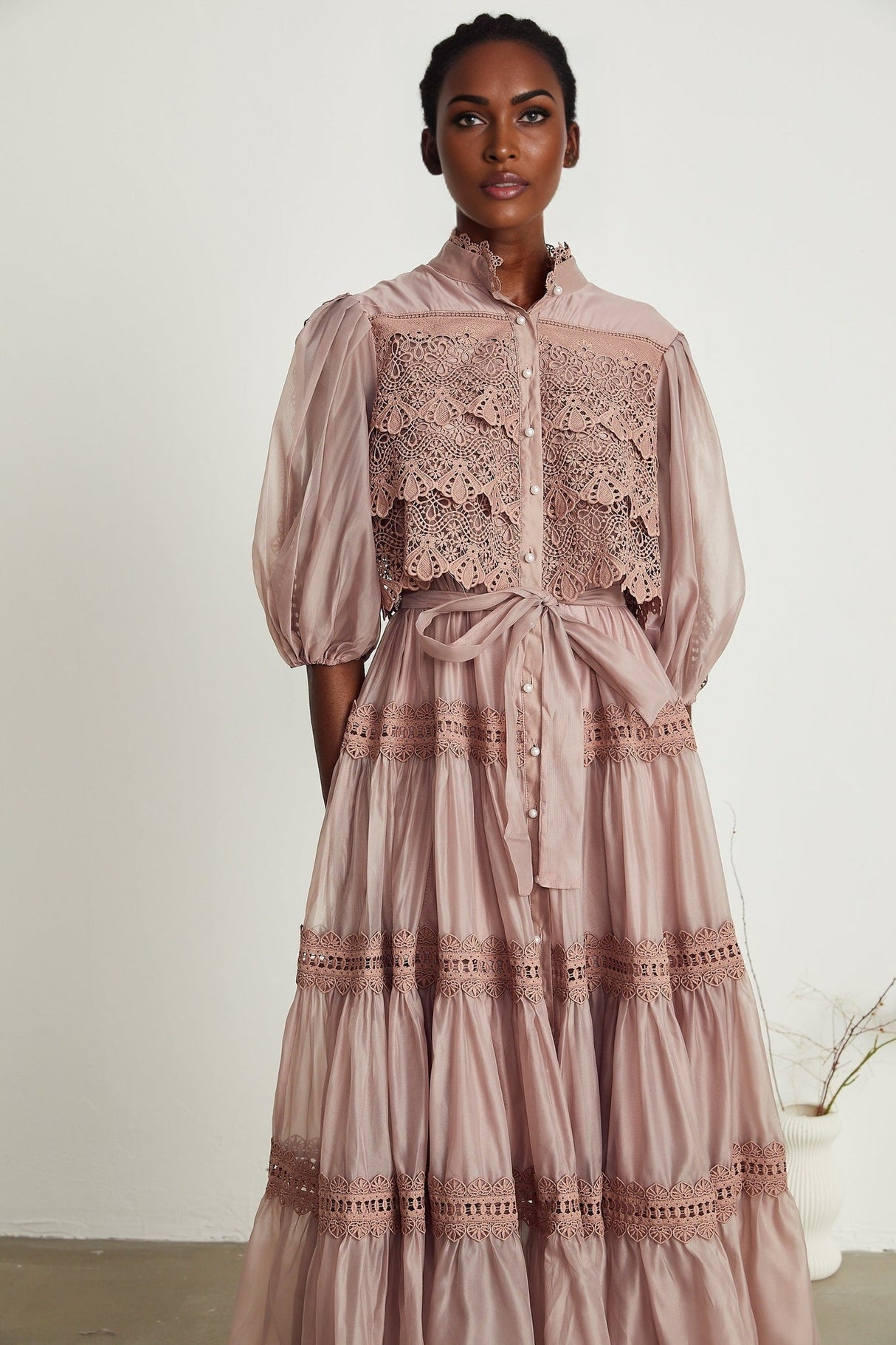 Samantha Midi Dress Pink Lace Cutout Puff Sleeve Belted Tiered Skirt Button Fastening