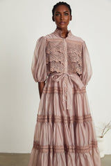 Samantha Midi Dress Pink Lace Cutout Puff Sleeve Belted Tiered Skirt Button Fastening