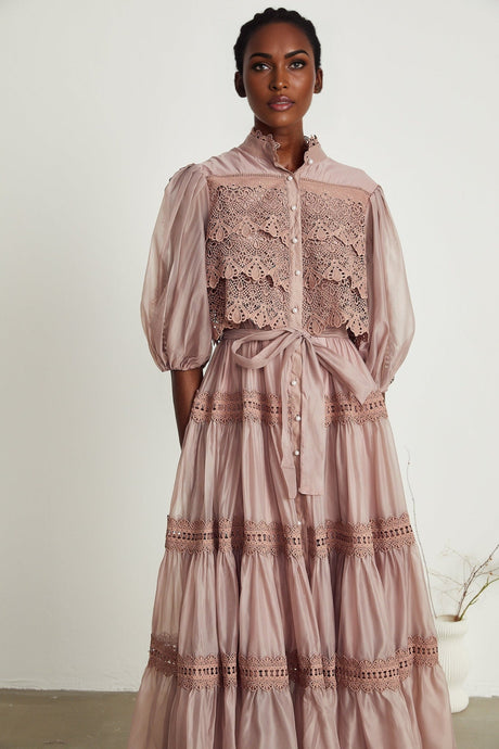 Samantha Midi Dress Pink Lace Cutout Puff Sleeve Belted Tiered Skirt Button Fastening