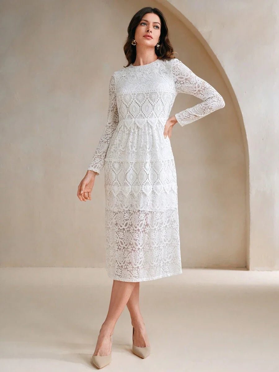 Samantha Midi Dress - Round Neck - Wedding - Flared Hem - High Waist - Elegant Style