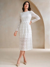 Samantha Midi Dress - Round Neck - Wedding - Flared Hem - High Waist - Elegant Style