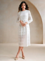 Samantha Midi Dress - Round Neck - Wedding - Flared Hem - High Waist - Elegant Style