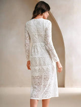 Samantha Midi Dress - Round Neck - Wedding - Flared Hem - High Waist - Elegant Style