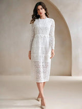Samantha Midi Dress - Round Neck - Wedding - Flared Hem - High Waist - Elegant Style