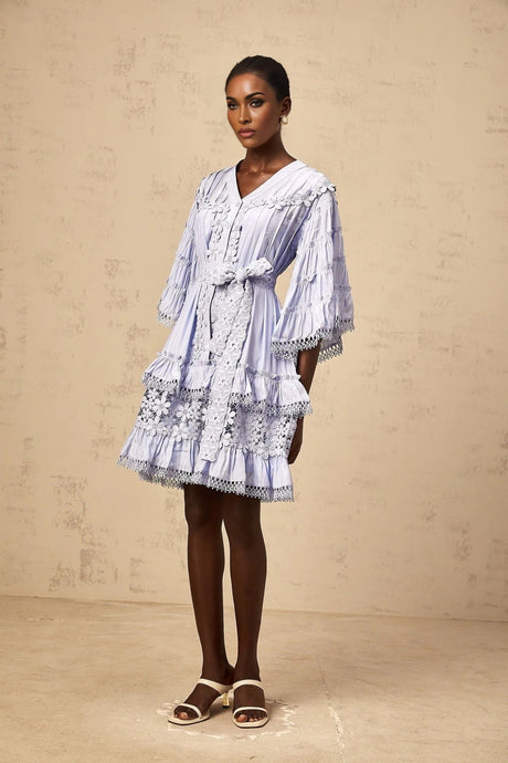 Samantha Mini Dress Light Blue Floral Tiered Embroidery
