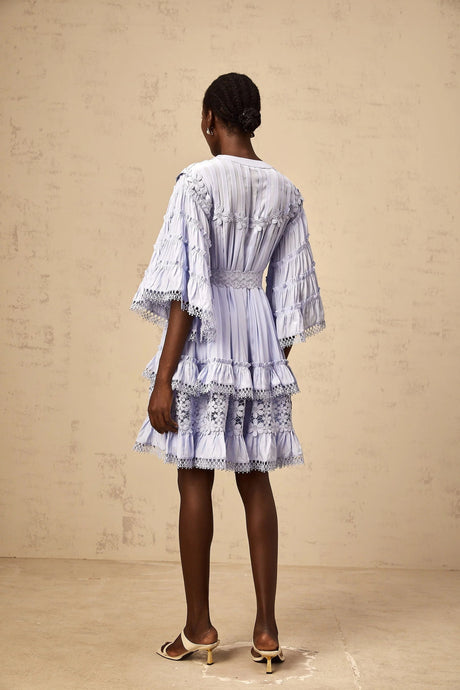 Samantha Mini Dress Light Blue Floral Tiered Embroidery