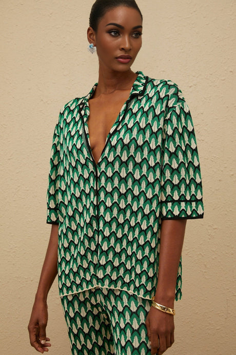 Samantha Shirt & Trousers Set - Crochet Knit - Patterned Jacquard - Notched Lapels - Half Sleeves - Maxi Length