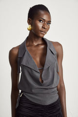Samantha Top Grey Openback Sleeveless Curved Hem