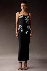 Samara Black Sleeveless Diamond Bandage Maxi Dress Square Neckline Embellishments Body-Hugging Fit Cocktail Parties Elegant Dinners Fabric Comfort Graceful