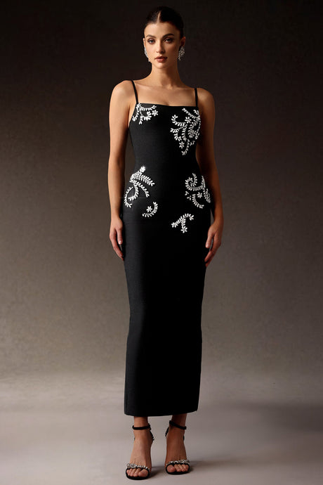 Samara Black Sleeveless Diamond Bandage Maxi Dress Square Neckline Embellishments Body-Hugging Fit Cocktail Parties Elegant Dinners Fabric Comfort Graceful