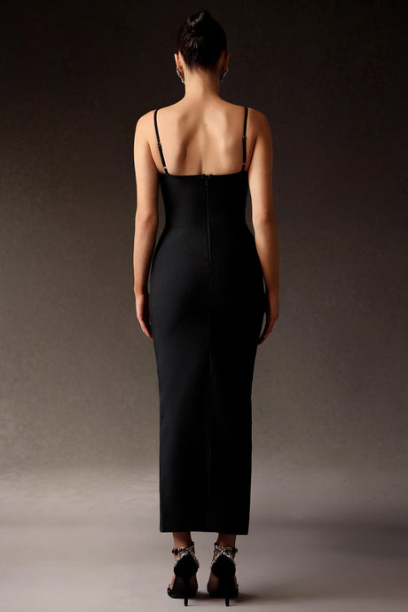 Samara Black Sleeveless Diamond Bandage Maxi Dress Square Neckline Embellishments Body-Hugging Fit Cocktail Parties Elegant Dinners Luxurious Fabric