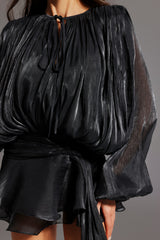 Samara Black Mini Dress with Delicate Lacing Detail and Flowing Sleeves
