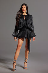 Samara Black Mini Dress with Dramatic Silhouette and Delicate Lacing Detail