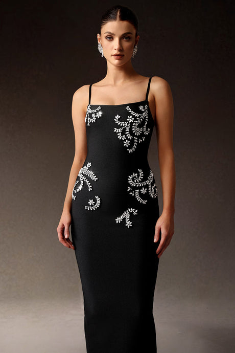 Samara Black Sleeveless Diamond Bandage Maxi Dress Square Neckline Embellishments Glamour Body-Hugging Fit Cocktail Parties Elegant Dinners Fabric Confidence Graceful