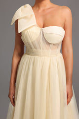 Santa Beige One Shoulder Maxi Dress with Bow Detail and Thigh-High Slit