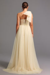 Santa Beige One Shoulder Maxi Dress with Bow Detail and Thigh-High Slit
