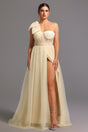 Santa beige one shoulder maxi dress with bow detail and thigh-high slit