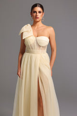 Santa Beige One Shoulder Maxi Dress with Bow Detail and Thigh-High Slit
