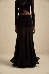 Santa Black Tulle Maxi Skirt With Pleats And Ruffled Hem