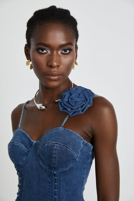 Santa Denim Mini Dress with Floral Applique & Corset Style