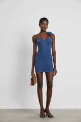 Santa Denim Mini Dress with Floral Applique & Corset Style