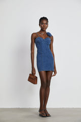 Santa Denim Mini Dress with Floral Applique & Corset Style