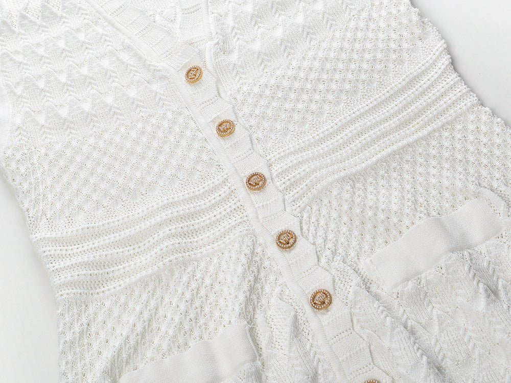 Santa Dress - A - Line Silhouette With Button Front - Textured Knit Pattern - Relaxed Fit - Pockets and Scalloped Neckline