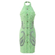 Santa Dress - Fitted Halter Neck Silhouette - Textured Fabric With Embellishments - Tailored Fit - Rhinestone Accents & Button Closure