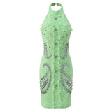 Santa Dress - Fitted Halter Neck Silhouette - Textured Fabric With Embellishments - Tailored Fit - Rhinestone Accents & Button Closure