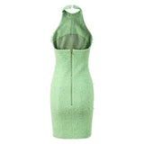 Santa Dress - Fitted Halter Neck Silhouette - Textured Fabric With Embellishments - Tailored Fit - Rhinestone Accents & Button Closure