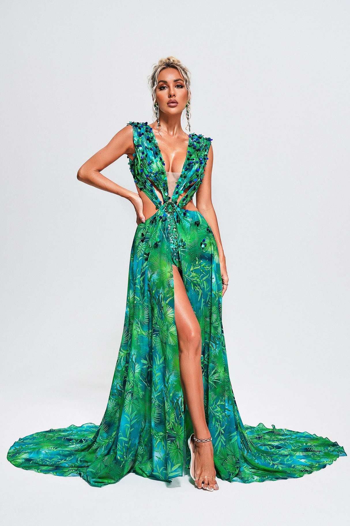 Santa Green Maxi Dress with V-Neckline and Thigh-High Slit for Special Occasions