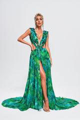 Santa Green Maxi Dress with V-Neckline and Thigh-High Slit for Special Occasions