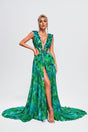Santa Green Maxi Dress with V-Neckline and Thigh-High Slit for Special Occasions