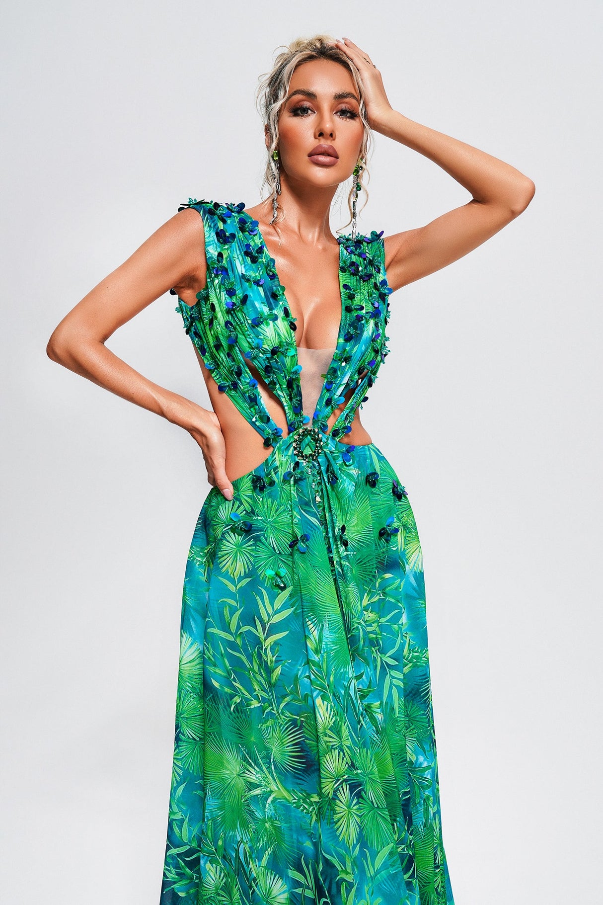 Santa Green Maxi Dress with V-Neckline and Thigh-High Slit for Glamorous Evenings