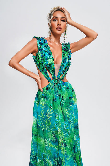Santa Green Maxi Dress with V-Neckline and Thigh-High Slit for Glamorous Evenings