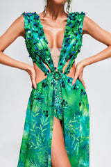 Santa Green Maxi Dress with V-Neckline and Thigh-High Slit for Special Occasions