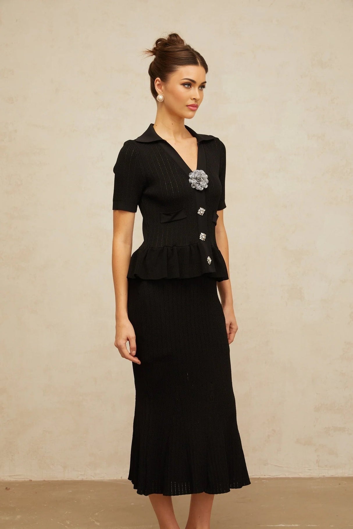 Santa Midi Dress Black Crystal Embellished Peplum Hem