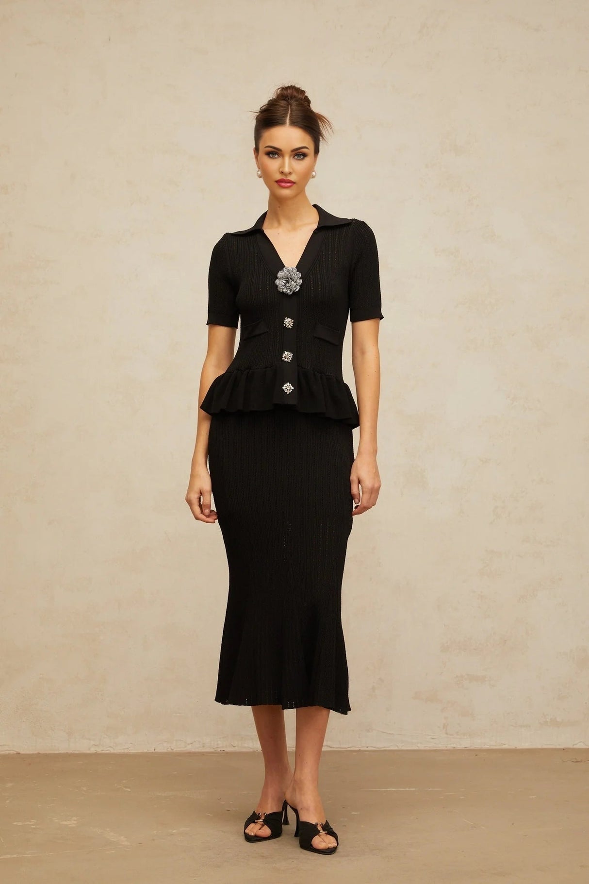 Santa Midi Dress Black Crystal Embellished Peplum Hem