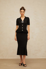 Santa Midi Dress Black Crystal Embellished Peplum Hem