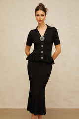 Santa Midi Dress Black Crystal Embellished Peplum Hem