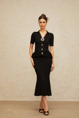 Santa Midi Dress Black Crystal Embellished Peplum Hem