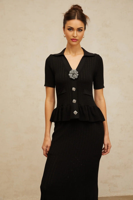 Santa Midi Dress Black Crystal Embellished Peplum Hem