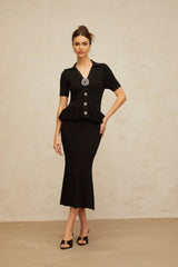 Santa Midi Dress Black Crystal Embellished Peplum Hem