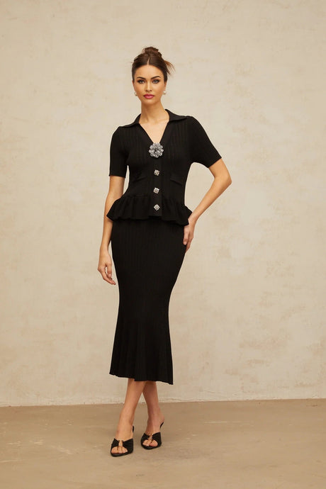 Santa Midi Dress Black Crystal Embellished Peplum Hem