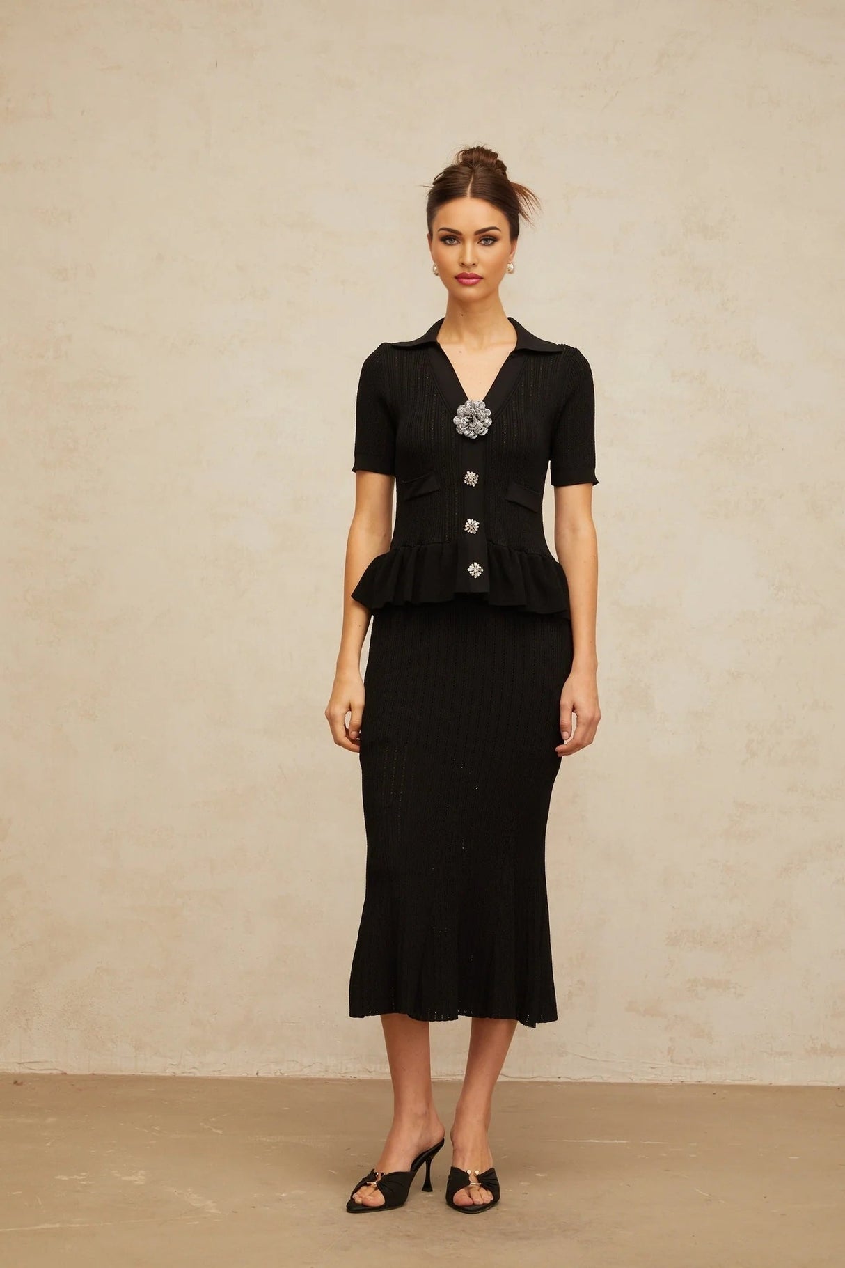 Santa Midi Dress Black Crystal Embellished Peplum Hem