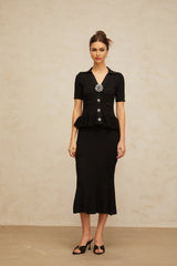 Santa Midi Dress Black Crystal Embellished Peplum Hem